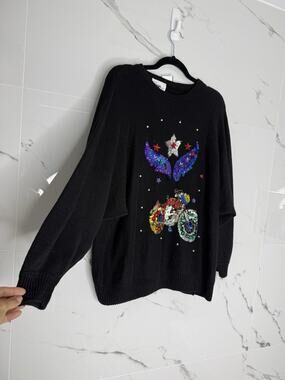 Mister Noah Plus Sz 22 Black Sequins Beaded Sweater Holidays Christmas VTG